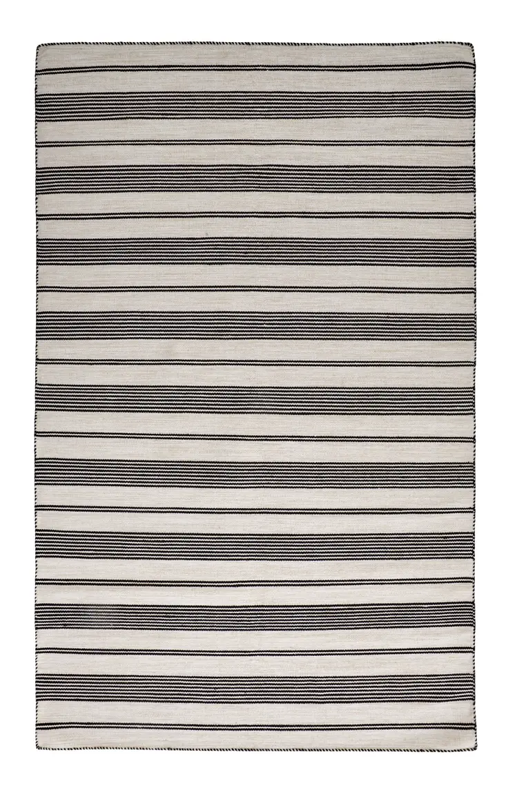 8' X 11' Black And White Striped Dhurrie Hand Woven Stain Resistant Area Rug