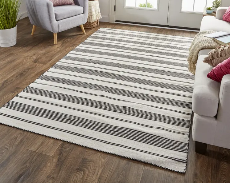 8' X 11' Black And White Striped Dhurrie Hand Woven Stain Resistant Area Rug