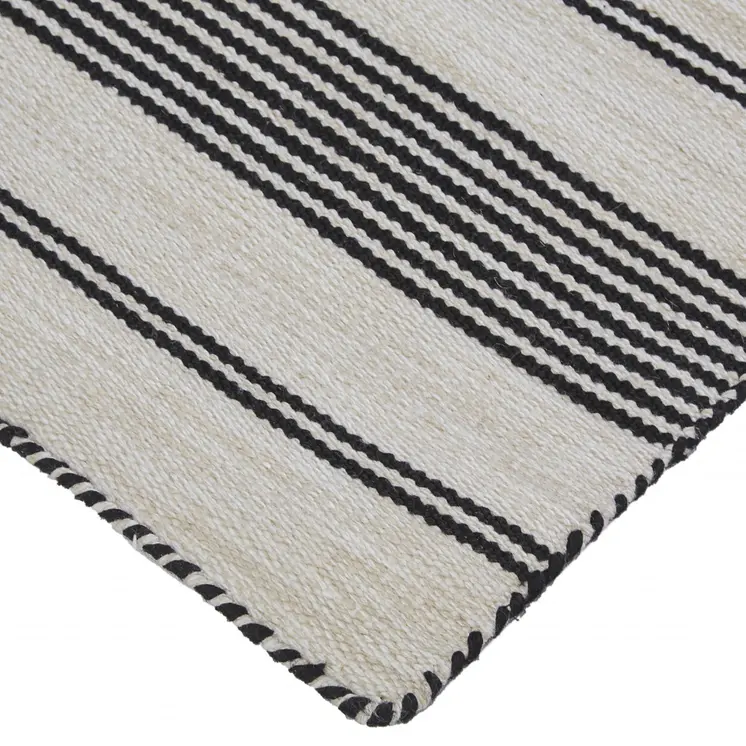8' X 11' Black And White Striped Dhurrie Hand Woven Stain Resistant Area Rug