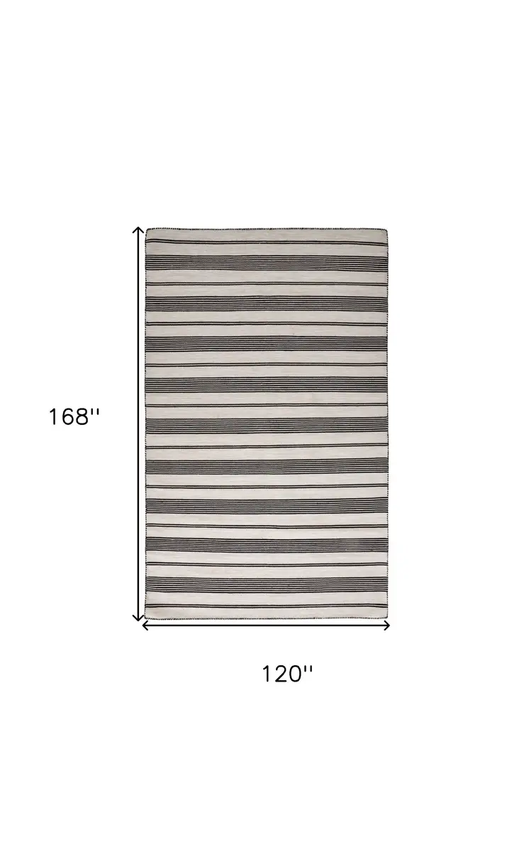 10' X 14' Black And White Striped Dhurrie Hand Woven Stain Resistant Area Rug