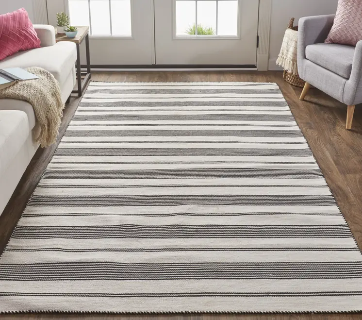 10' X 14' Black And White Striped Dhurrie Hand Woven Stain Resistant Area Rug