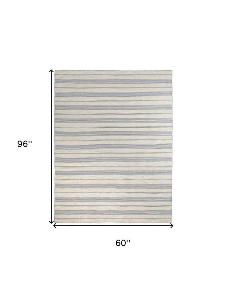 5' X 8' Blue Ivory And Tan Striped Dhurrie Hand Woven Stain Resistant Area Rug