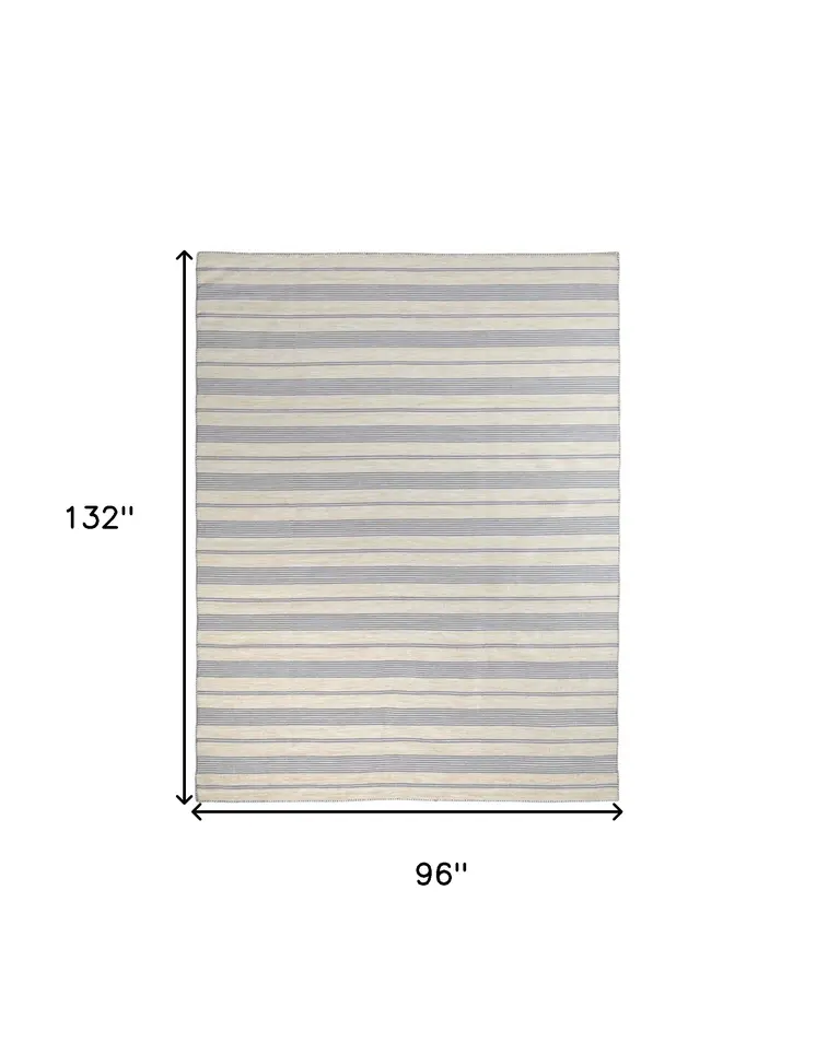 8' X 11' Blue Ivory And Tan Striped Dhurrie Hand Woven Stain Resistant Area Rug
