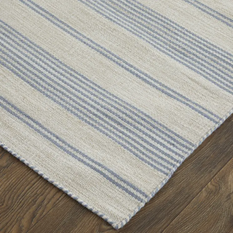 8' X 11' Blue Ivory And Tan Striped Dhurrie Hand Woven Stain Resistant Area Rug