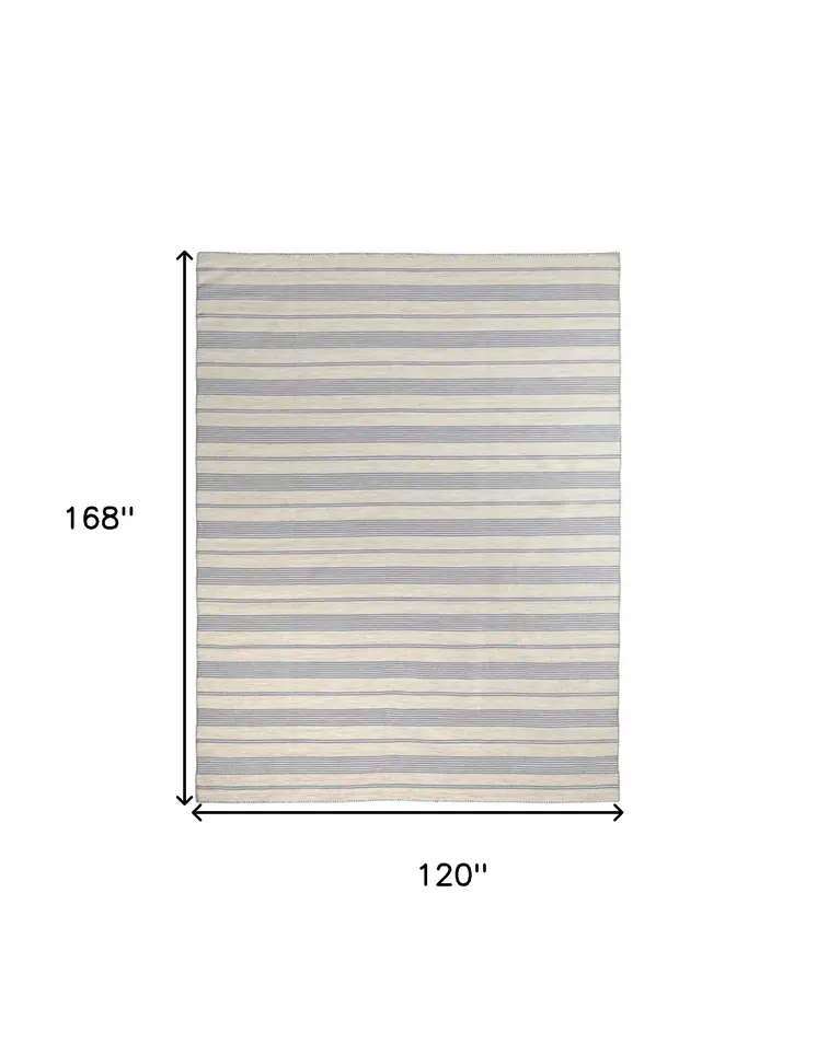 10' X 14' Blue Ivory And Tan Striped Dhurrie Hand Woven Stain Resistant Area Rug