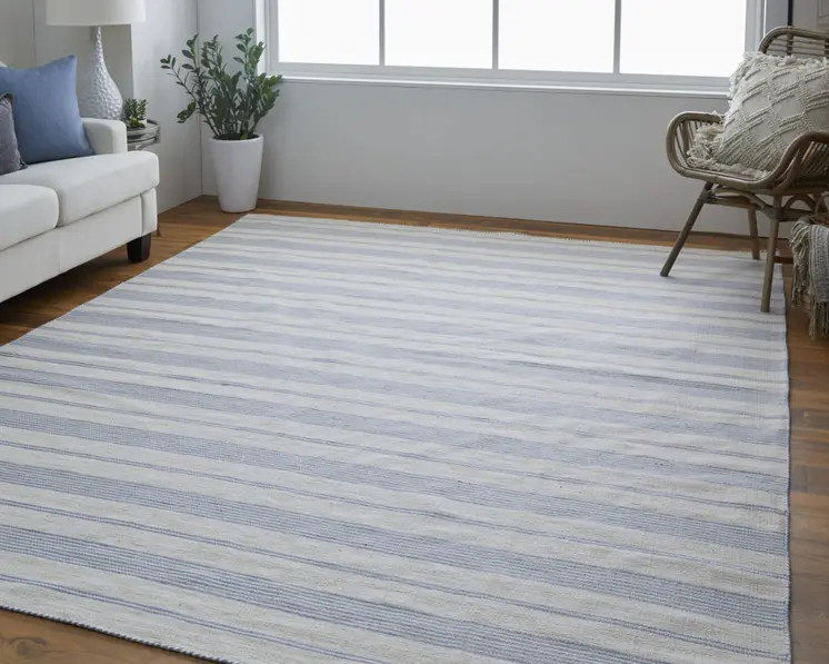 10' X 14' Blue Ivory And Tan Striped Dhurrie Hand Woven Stain Resistant Area Rug