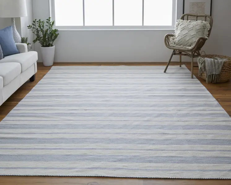 10' X 14' Blue Ivory And Tan Striped Dhurrie Hand Woven Stain Resistant Area Rug