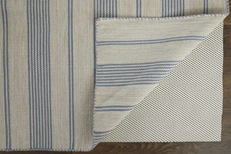 10' X 14' Blue Ivory And Tan Striped Dhurrie Hand Woven Stain Resistant Area Rug