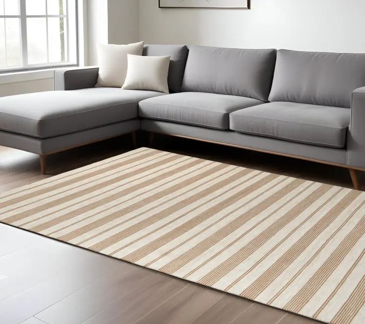 8' X 11' Brown and Ivory Striped Hand Woven Area Rug