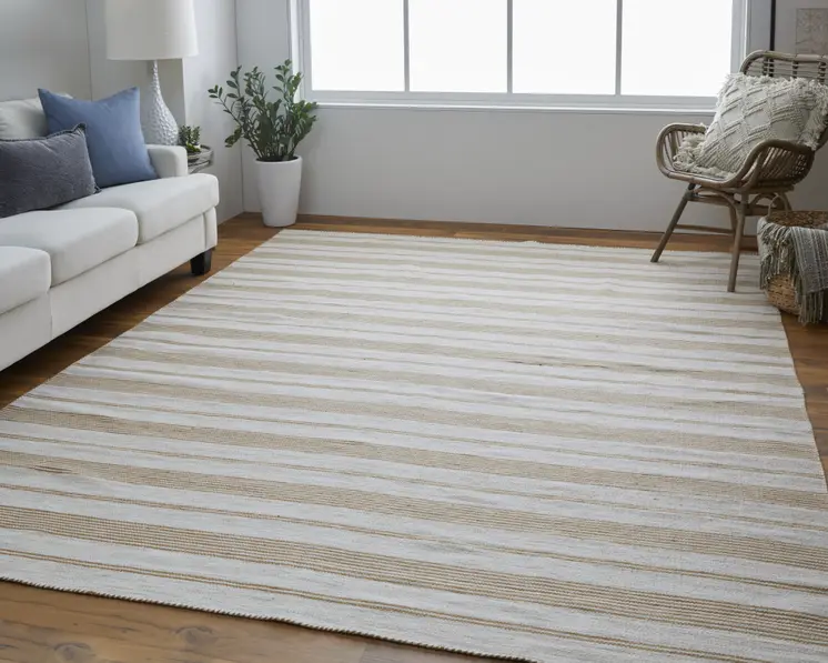 10' X 14' Ivory Taupe And Brown Striped Dhurrie Hand Woven Stain Resistant Area Rug