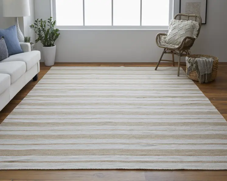 10' X 14' Ivory Taupe And Brown Striped Dhurrie Hand Woven Stain Resistant Area Rug