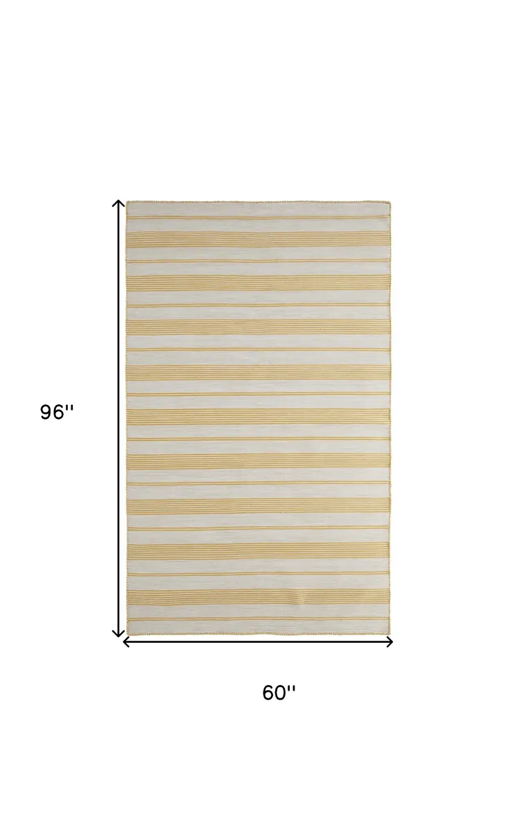 5' X 8' Yellow And Ivory Striped Dhurrie Hand Woven Stain Resistant Area Rug