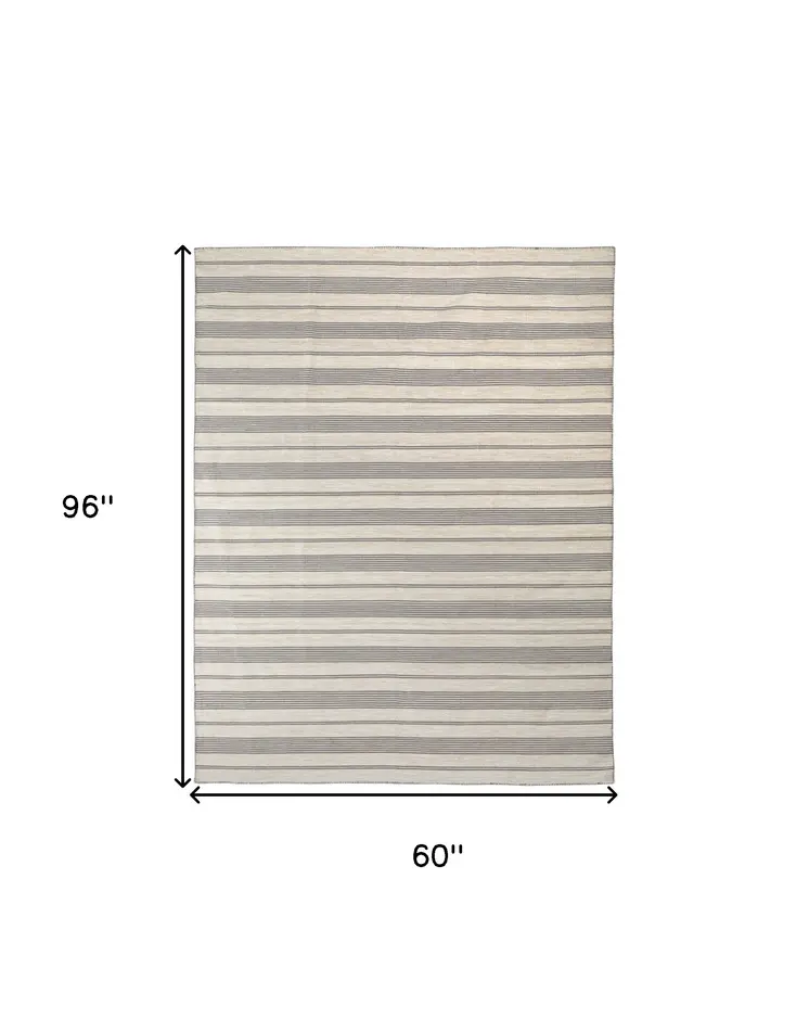 5' X 8' Gray And Ivory Striped Dhurrie Hand Woven Stain Resistant Area Rug