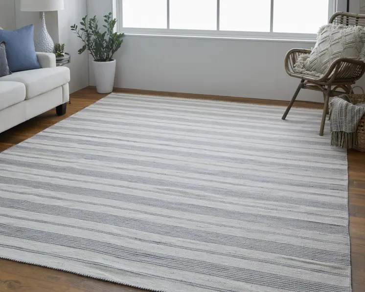 5' X 8' Gray And Ivory Striped Dhurrie Hand Woven Stain Resistant Area Rug