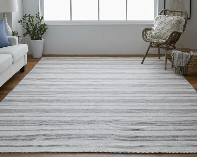 5' X 8' Gray And Ivory Striped Dhurrie Hand Woven Stain Resistant Area Rug
