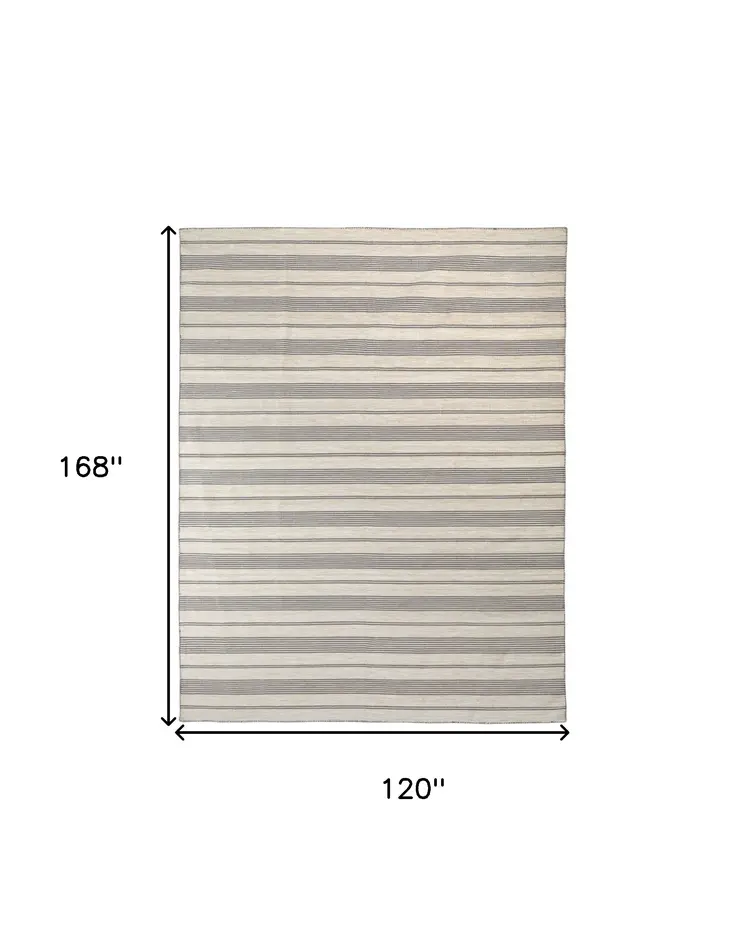 10' X 14' Gray And Ivory Striped Dhurrie Hand Woven Stain Resistant Area Rug