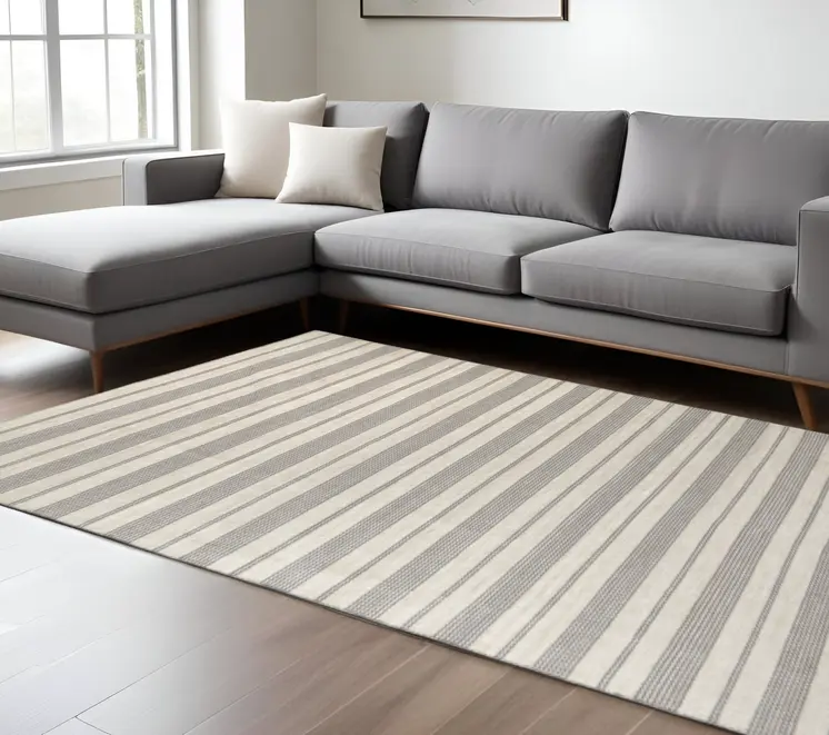 10' X 14' Gray And Ivory Striped Dhurrie Hand Woven Stain Resistant Area Rug