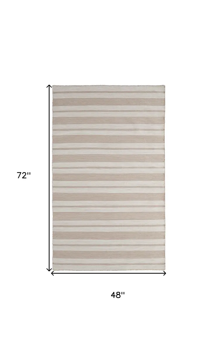4' X 6' Ivory And Taupe Striped Dhurrie Hand Woven Stain Resistant Area Rug