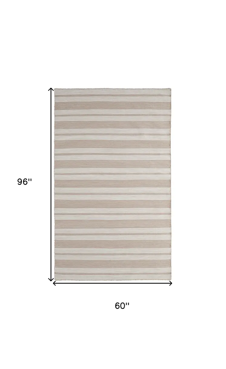 5' X 8' Ivory And Taupe Striped Dhurrie Hand Woven Stain Resistant Area Rug