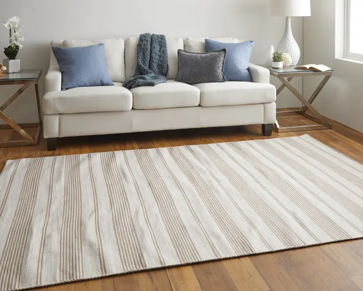 5' X 8' Ivory And Taupe Striped Dhurrie Hand Woven Stain Resistant Area Rug