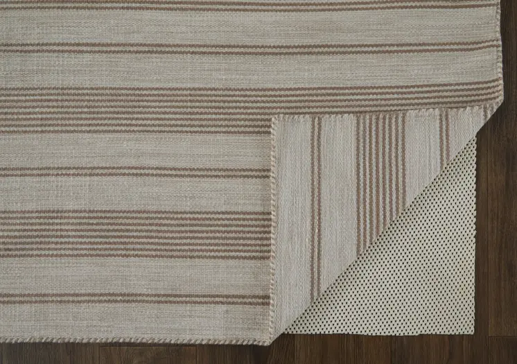 5' X 8' Ivory And Taupe Striped Dhurrie Hand Woven Stain Resistant Area Rug