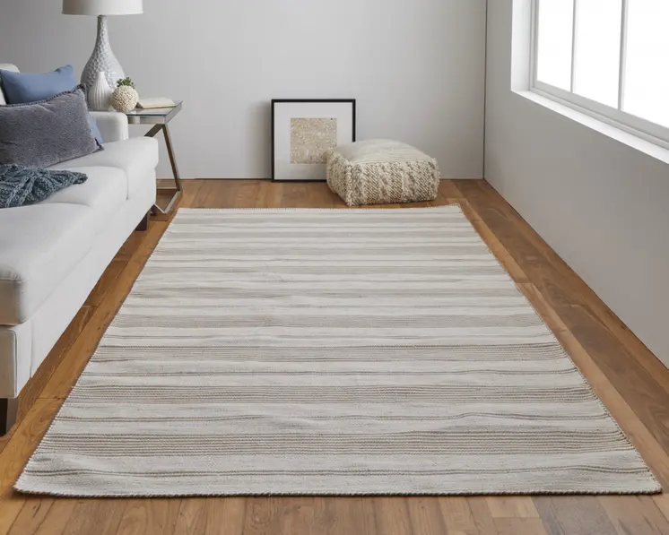 8' X 11' Ivory And Taupe Striped Dhurrie Hand Woven Stain Resistant Area Rug