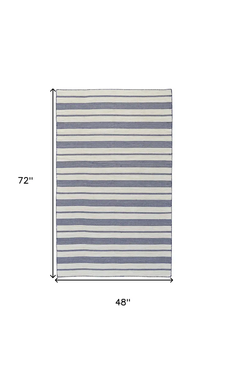 4' X 6' Blue and Ivory Striped Hand Woven Area Rug