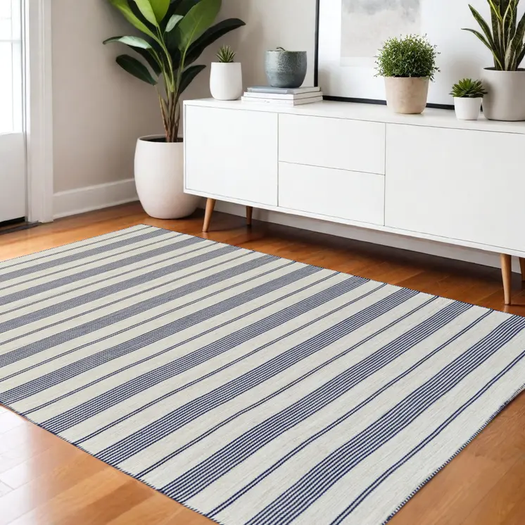 4' X 6' Blue and Ivory Striped Hand Woven Area Rug