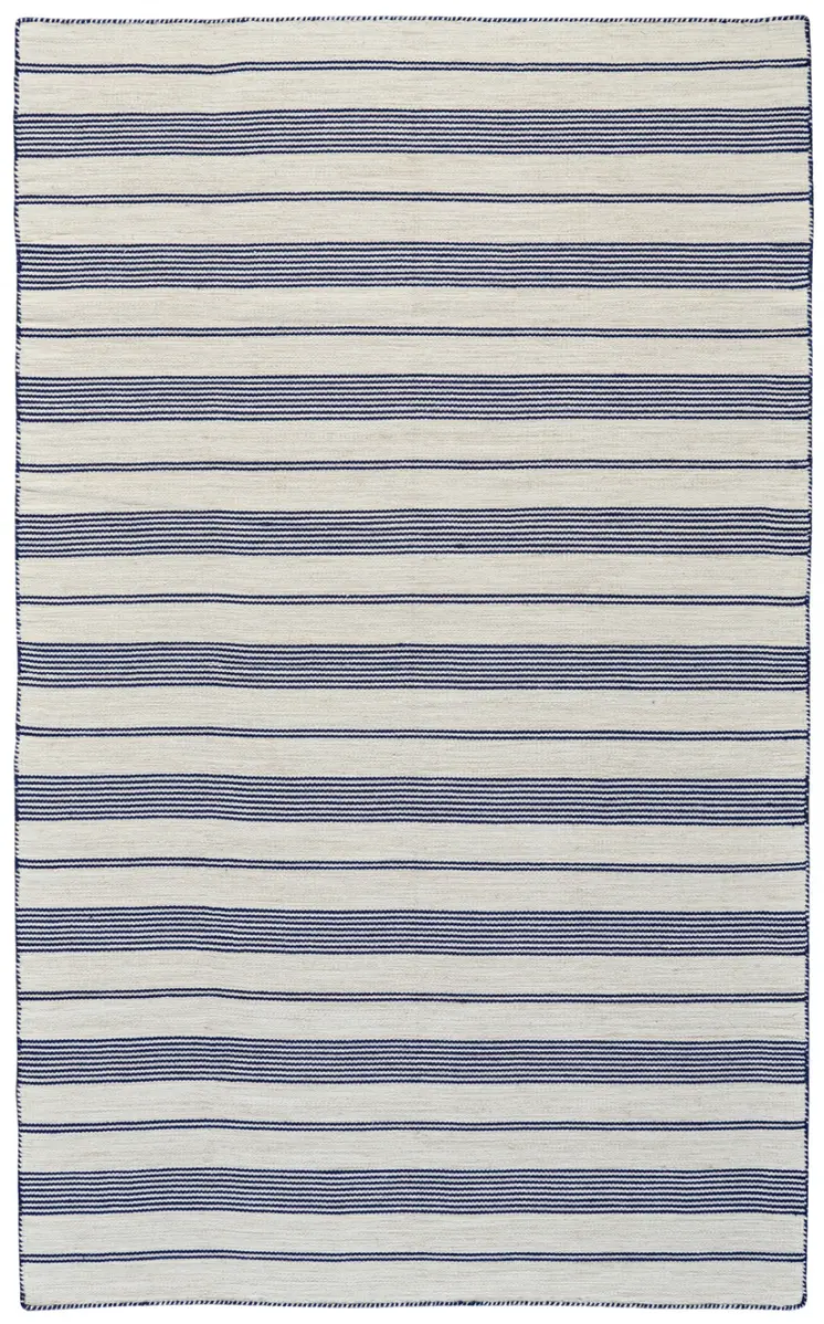5' X 8' Blue And Ivory Striped Dhurrie Hand Woven Stain Resistant Area Rug