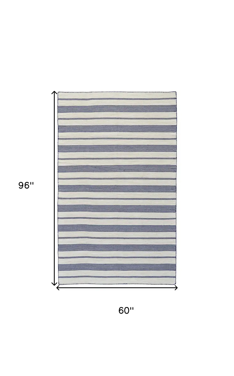 5' X 8' Blue And Ivory Striped Dhurrie Hand Woven Stain Resistant Area Rug