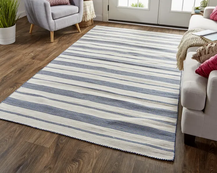 5' X 8' Blue And Ivory Striped Dhurrie Hand Woven Stain Resistant Area Rug