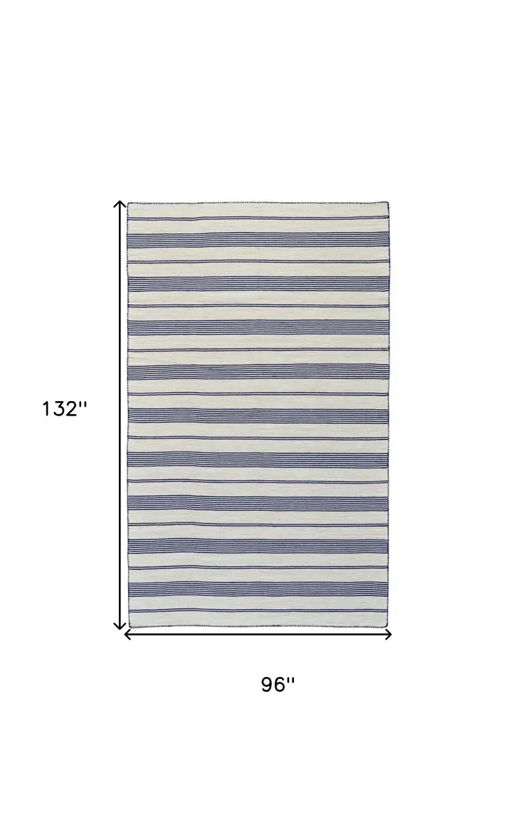 8' X 11' Blue And Ivory Striped Dhurrie Hand Woven Stain Resistant Area Rug