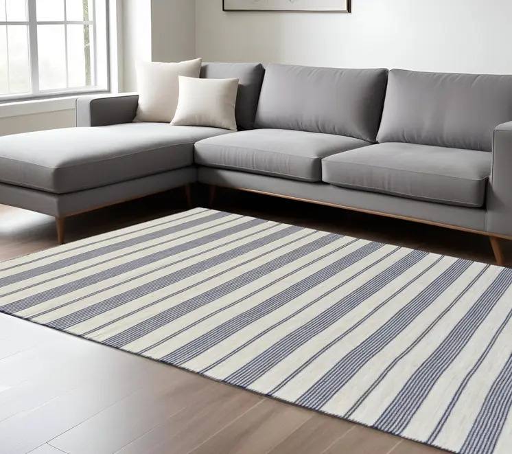 8' X 11' Blue And Ivory Striped Dhurrie Hand Woven Stain Resistant Area Rug