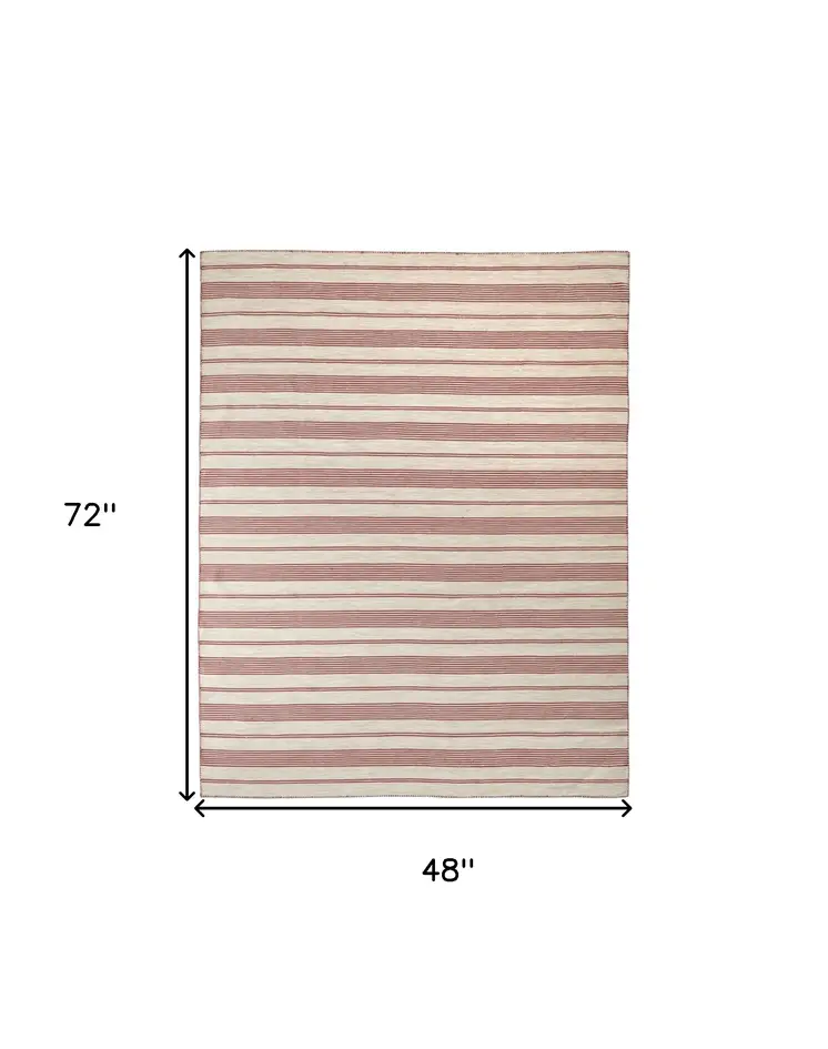 4' X 6' Red and Ivory Striped Hand Woven Area Rug
