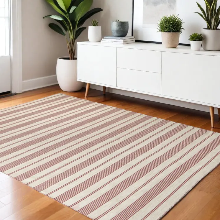 4' X 6' Red and Ivory Striped Hand Woven Area Rug
