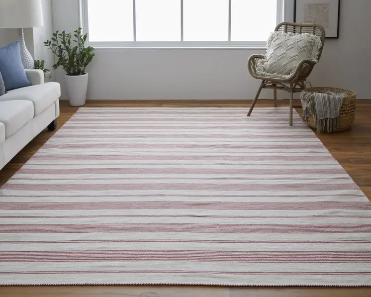 4' X 6' Red and Ivory Striped Hand Woven Area Rug