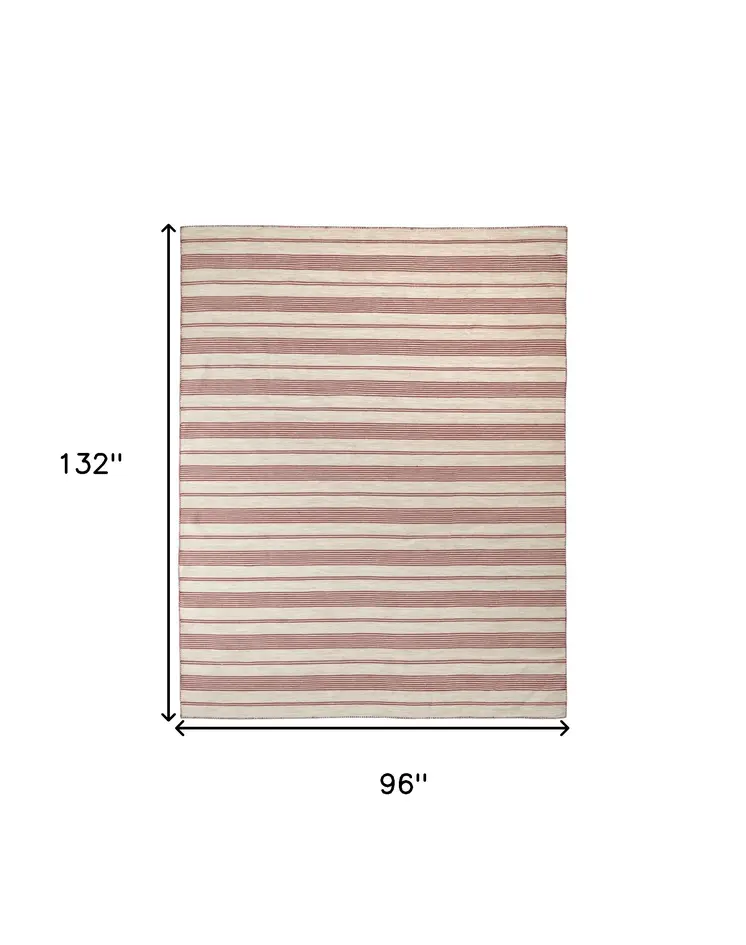 8' X 11' Red and Ivory Striped Hand Woven Area Rug
