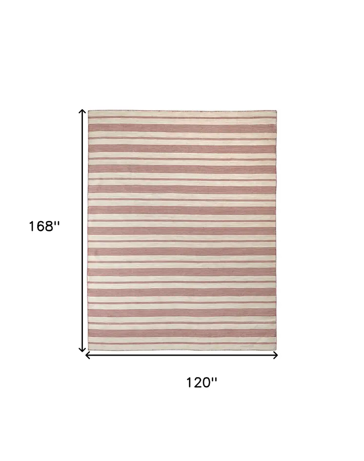 10' X 14' Red And Ivory Striped Dhurrie Hand Woven Stain Resistant Area Rug