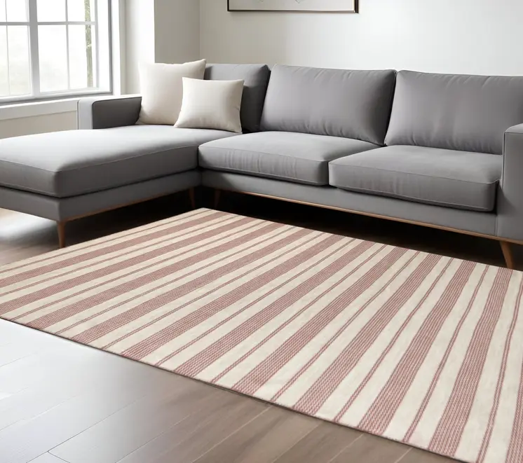 10' X 14' Red And Ivory Striped Dhurrie Hand Woven Stain Resistant Area Rug