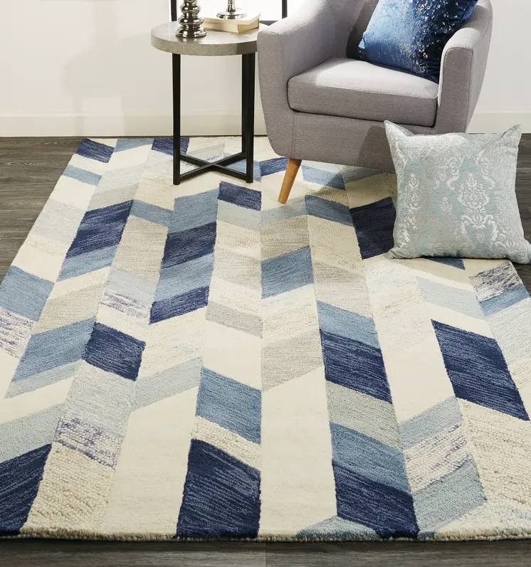 5' X 8' Blue and Ivory Wool Geometric Hand Tufted Area Rug