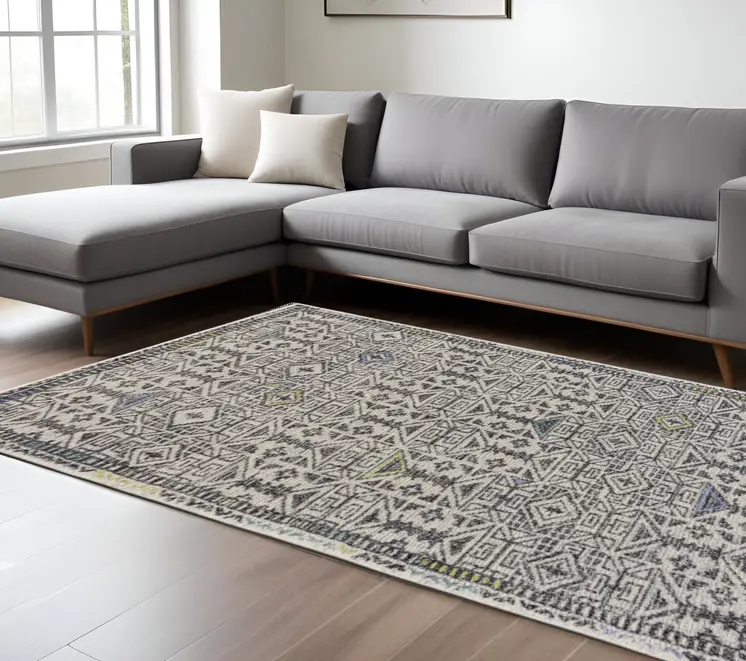 8' X 11' Gray Ivory And Black Wool Geometric Tufted Handmade Area Rug