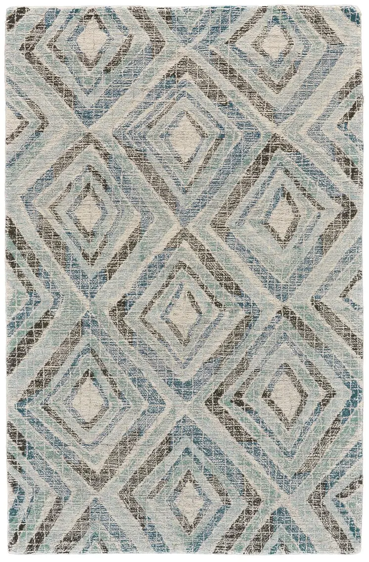 5' X 8' Blue Gray And Ivory Wool Geometric Tufted Handmade Area Rug