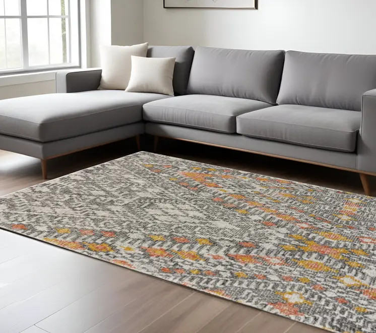 8' X 11' Gray Ivory And Orange Wool Geometric Tufted Handmade Area Rug