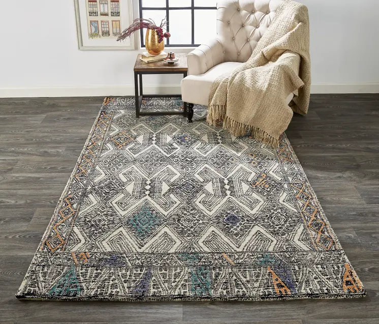 10' X 14' Black and Ivory Wool Chevron Hand Tufted Distressed Area Rug