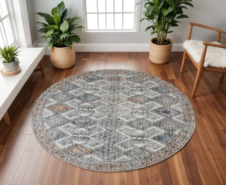 8' Black Ivory And Green Round Wool Geometric Tufted Handmade Distressed Area Rug