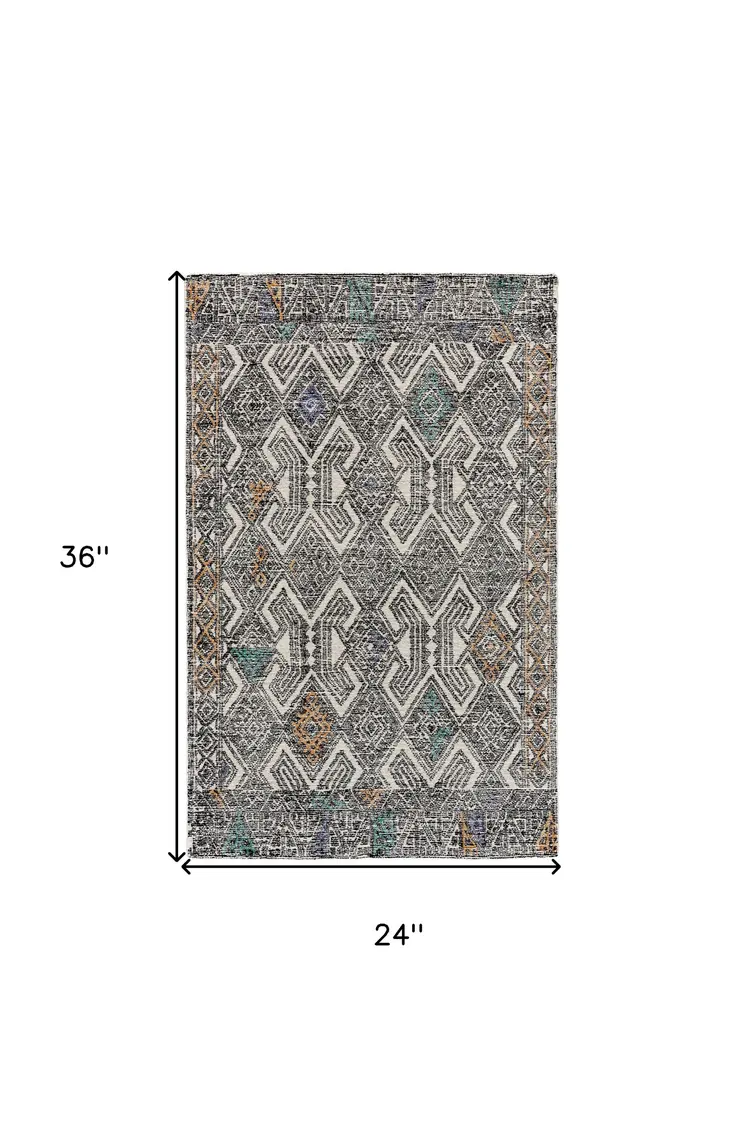2' X 3' Black and Ivory Wool Chevron Hand Tufted Distressed Area Rug