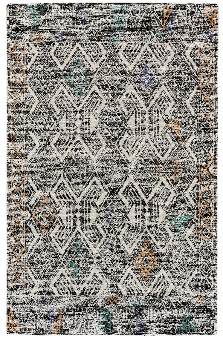 2' X 3' Black and Ivory Wool Chevron Hand Tufted Distressed Area Rug