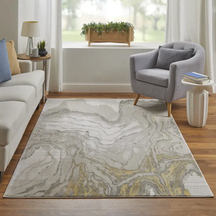 8' X 11' Gold and Ivory Abstract Area Rug