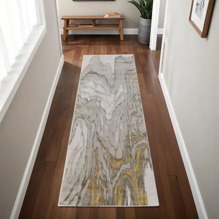 8' Gold and Ivory Abstract Runner Rug