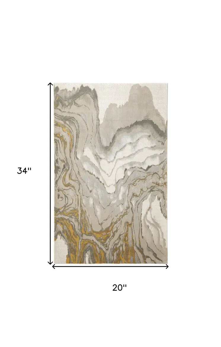 2' X 3' Gold Ivory And Gray Abstract Stain Resistant Area Rug